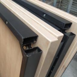  - 6x 80x80 cm ahorn kleur houten blad met zwarte metalen poten gedemonteerd (5)