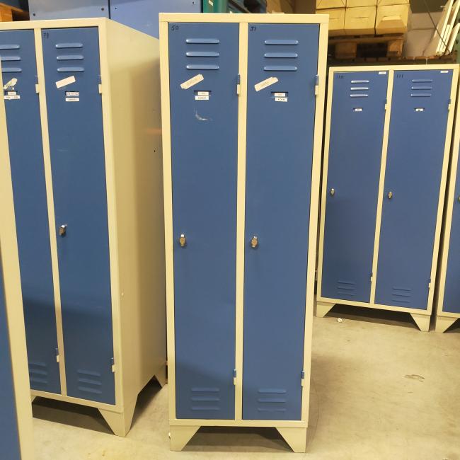  - 4x 125,- pst ex. 2-deurs grijs blauw retro vintage industriele stalen lockerkasten 180x60x50 cm (14)