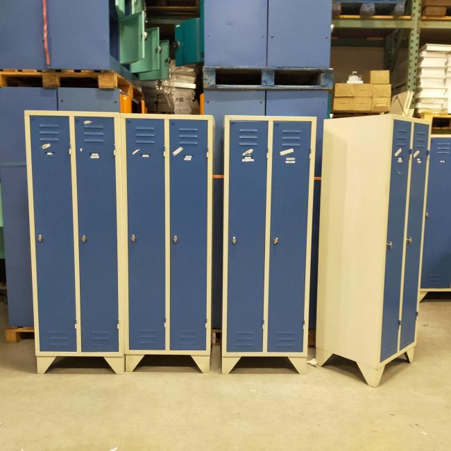 - 4x 125,- pst ex. 2-deurs grijs blauw retro vintage industriele stalen lockerkasten 180x60x50 cm (27)