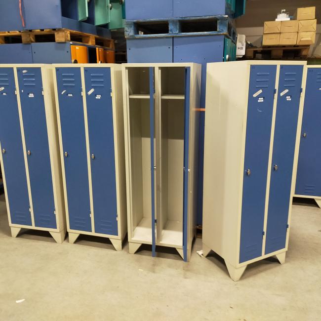  - 4x 125,- pst ex. 2-deurs grijs blauw retro vintage industriele stalen lockerkasten 180x60x50 cm (6)